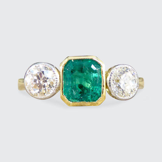 Emerald and Diamond Bezel Set Three Stone Ring in 18ct Yellow Gold and Platinum