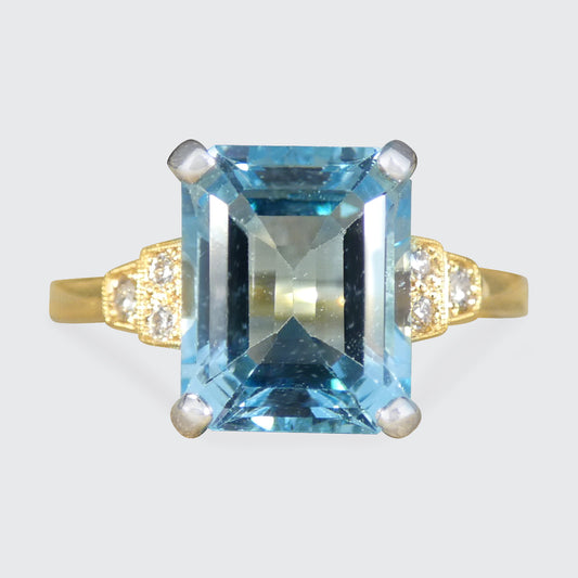 Art Deco Inspired 4.19ct Blue Topaz and Diamond Ring in White and Yellow Gold