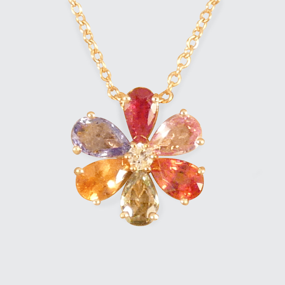 Multi Coloured Sapphire and Diamond Flower Cluster Pendant Necklace in 18ct Rose Gold