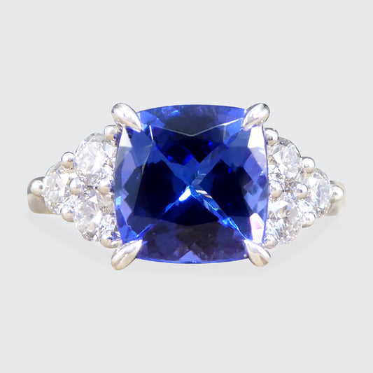 Vibrant 2.40ct Cushion Cut Tanzanite and Diamond Trio Set Shoulders in Platinum