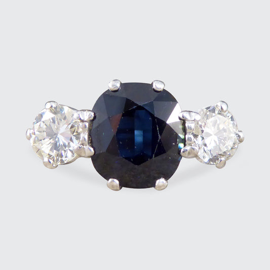 C1920s Deep Sapphire and Diamond Trilogy Ring in 18ct White Gold and Platinum