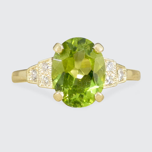 Art Deco Inspired Peridot and Diamond Ring in Yellow Gold