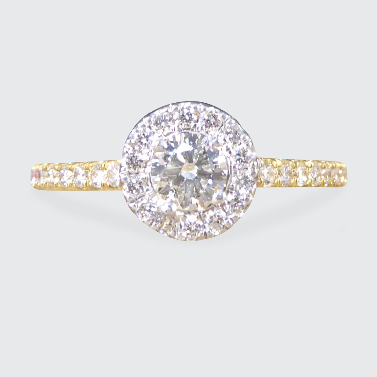 Diamond Cluster Halo Engagement Wedfit Ring with Diamond Shoulders in 18ct Yellow and White Gold