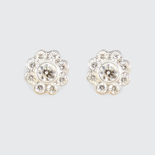 Edwardian Style Diamond Flower Cluster Stud Earrings in 18ct White Gold