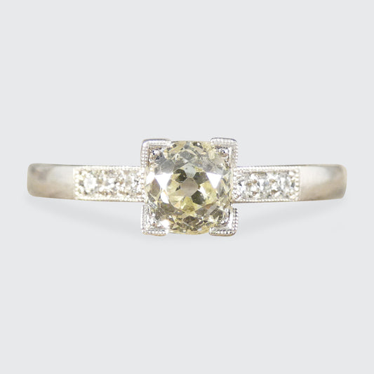 Champagne Old Cushion Cut Diamond Solitaire with Diamond set Shoulders in Platinum