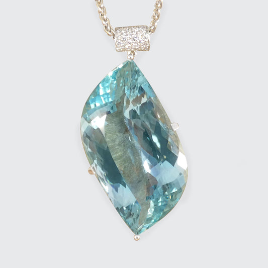 Tremendous Over 70ct Aquamarine Leaf Pendant with Diamond Bail in 18ct White Gold