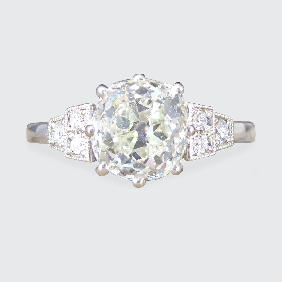 1.70ct Old European Cushion Cut Diamond Solitaire with Diamond Shoulders in Platinum