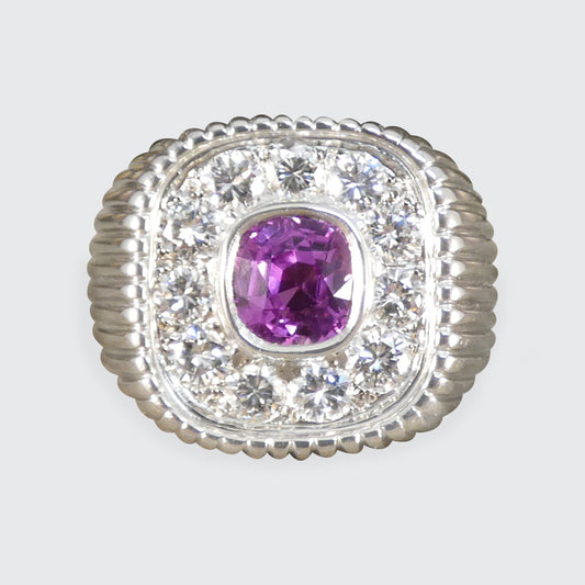 Chunky French Signet Ring with a Pink Sapphire and Diamond Cluster in Platinum