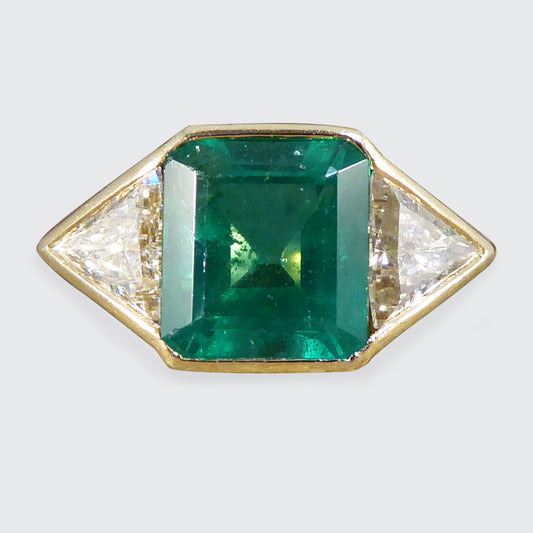 Vintage Emerald and Trillian Cut Diamond Three Stone in 18ct Yellow Gold