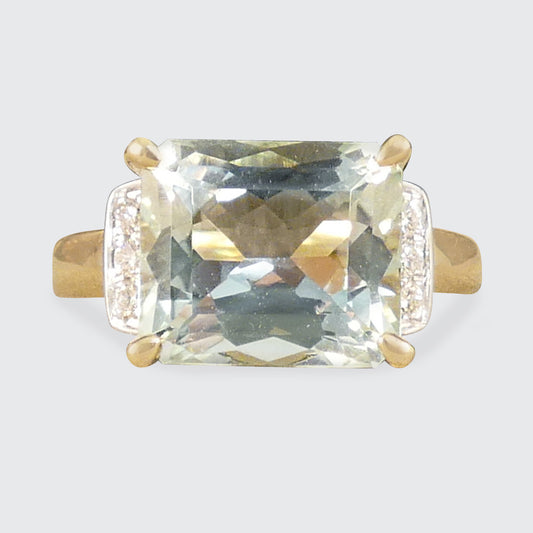 Cushion Cut Green Amethyst Cocktail ring set east-west with Diamond Shoulders in Yellow Gold