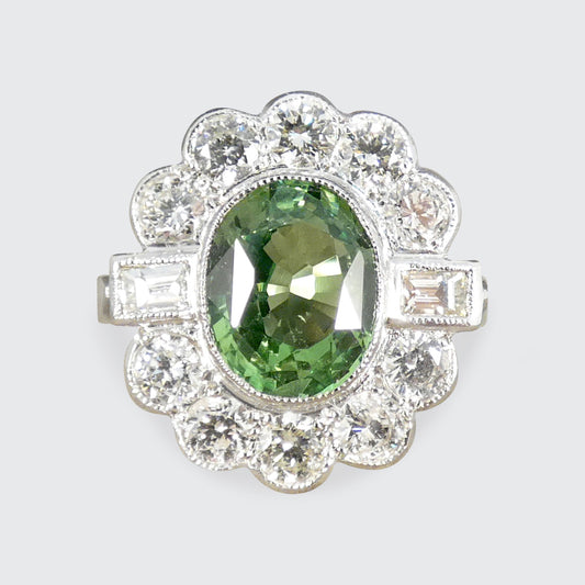 Edwardian Style 2.51ct Green Garnet and 1.20ct Diamond Cluster Ring in Platinum