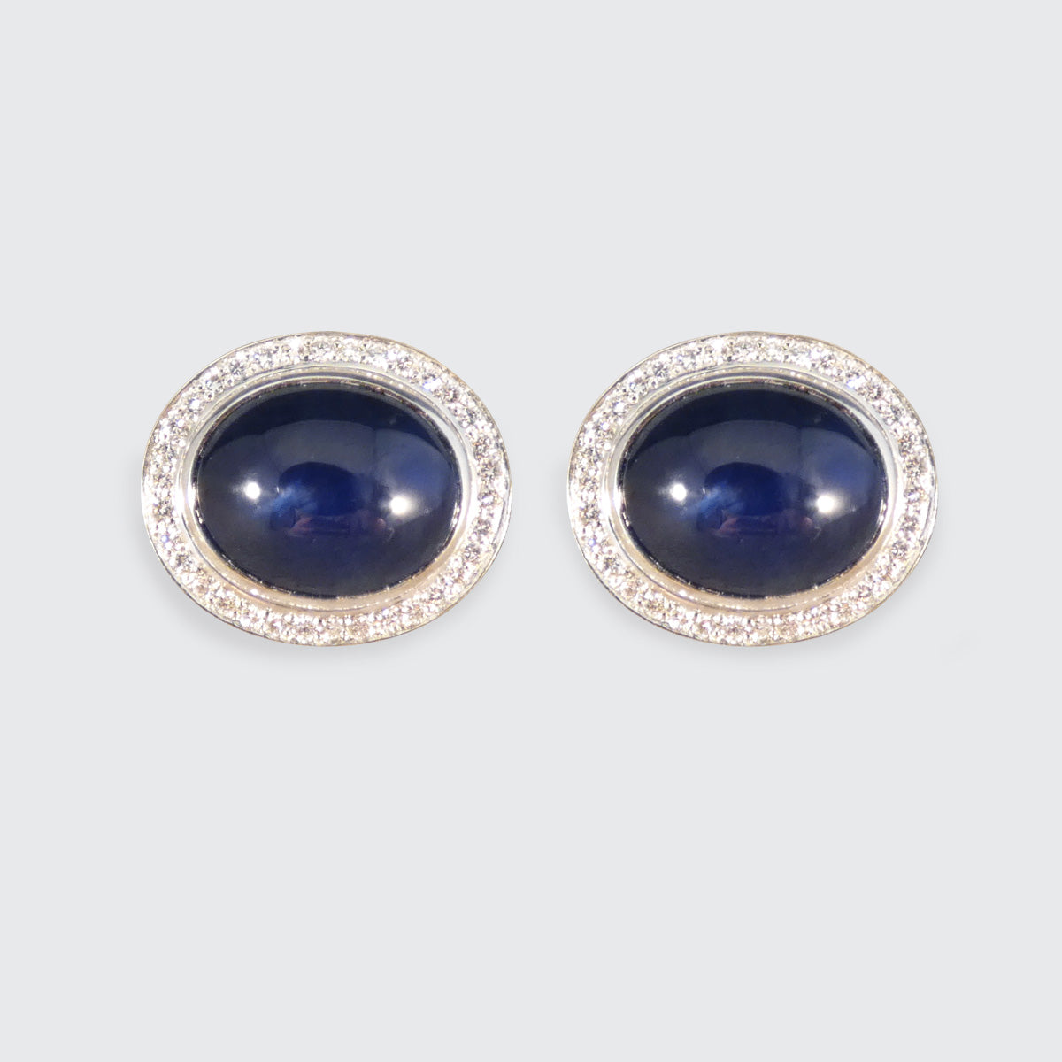 Cabochon Sapphire and Diamond Cluster Stud Earrings 18ct White Gold