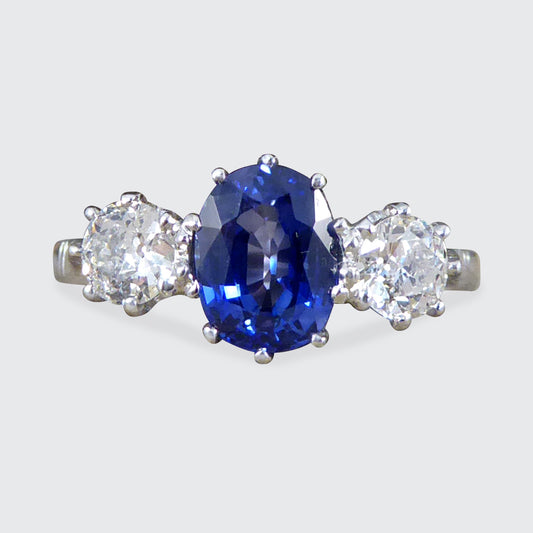 1.50ct Sapphire and 0.55ct Diamond Three Stone Ring in Platinum