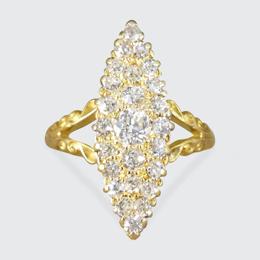 C1900 Antique Diamond Navette Marquise Cluster Ring in 18ct Yellow Gold