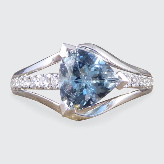 Aquamarine Trillion Cut and Diamond Set Three Strand Ring in 18ct White Gold