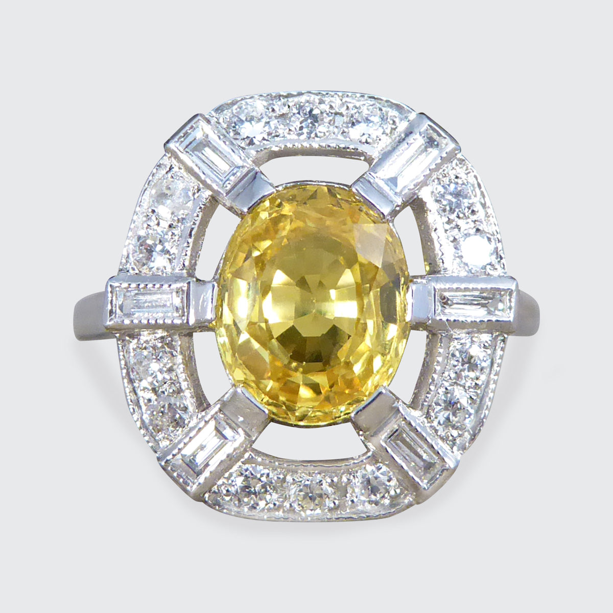 Art Deco Inspired Yellow Sapphire and Diamond Sunshine Cluster Ring in Platinum