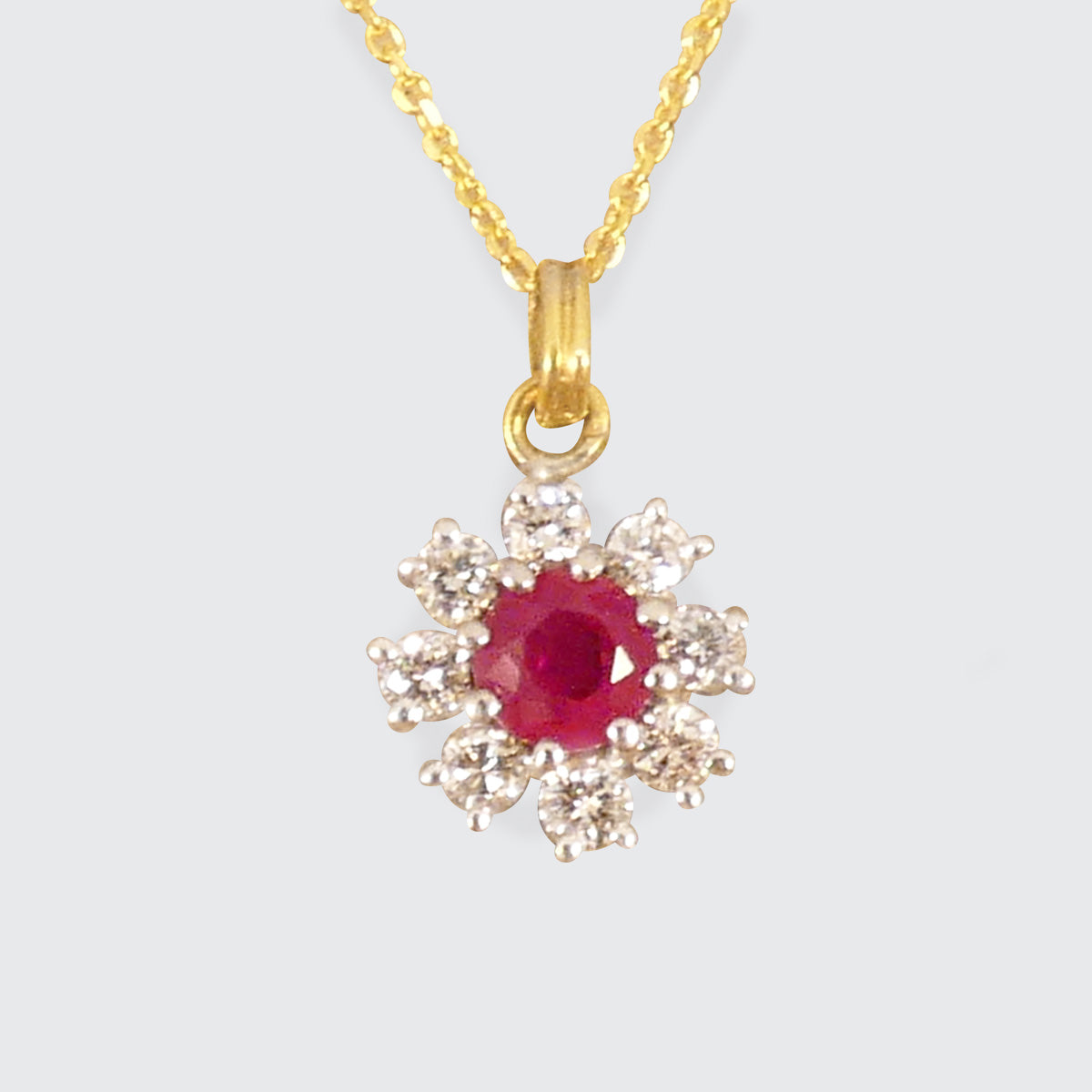 Ruby and Diamond Flower Cluster Pendant Necklace in 18ct Yellow and White Gold