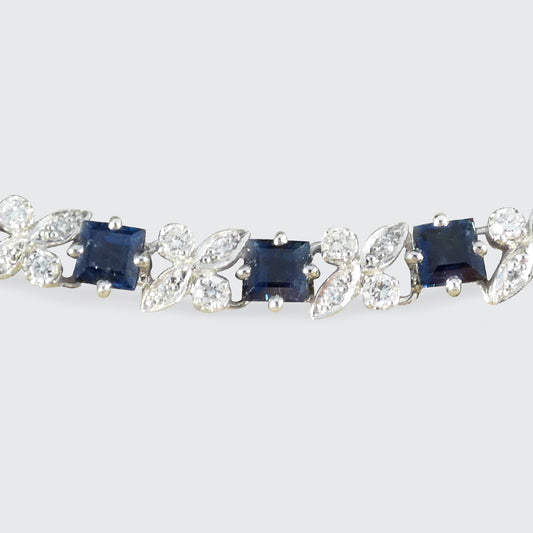 Vintage Square Cut Sapphire and Diamond Line Bracelet in 18ct White Gold C1990