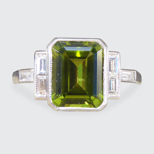 Art Deco Style Peridot Ring with Diamond Set Shoulder in Platinum