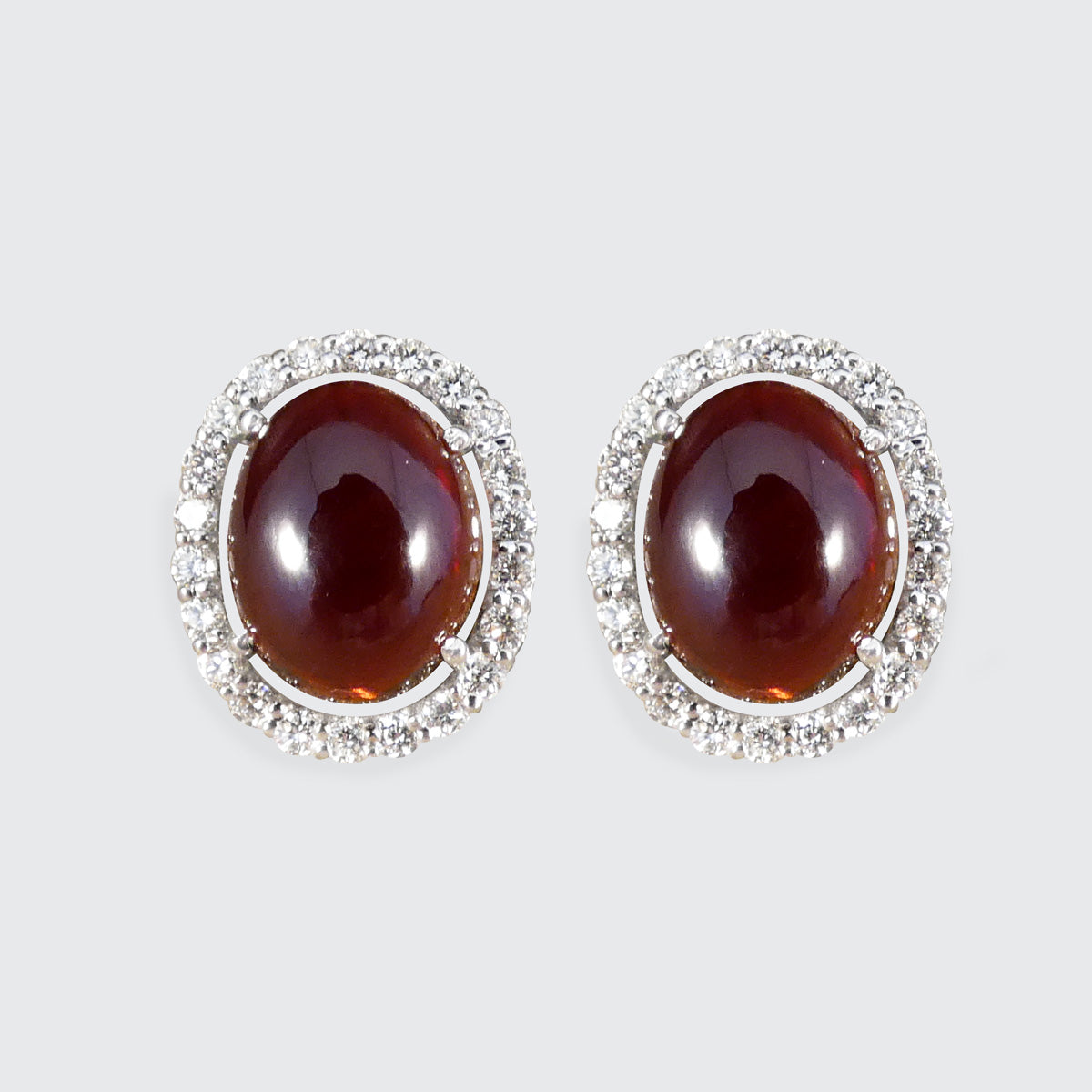 Cabochon Garnet and Diamond Halo Stud Earrings in 18ct White Gold