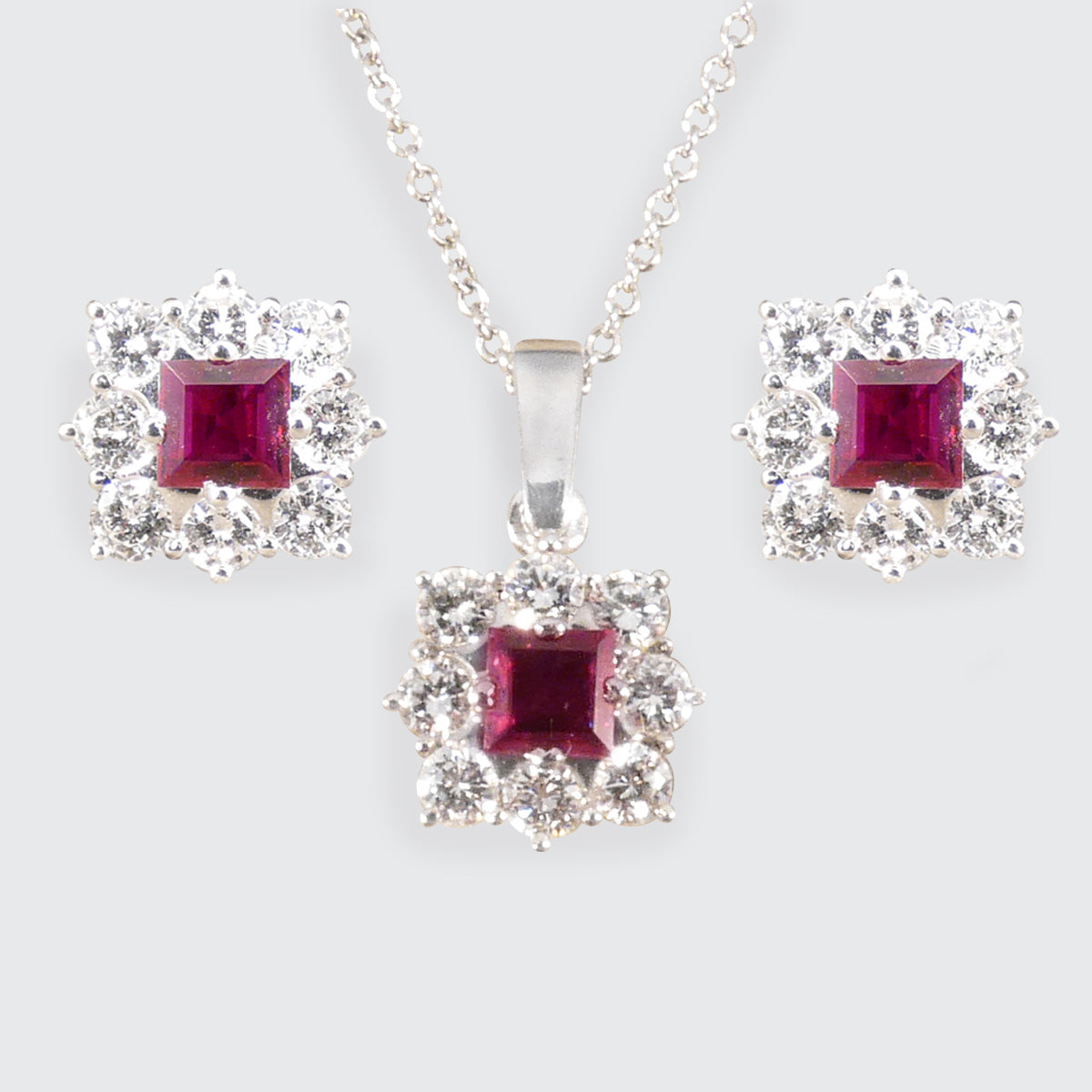 Vintage Ruby and Diamond Cluster Earrings and Necklace Set in 18ct White Gold