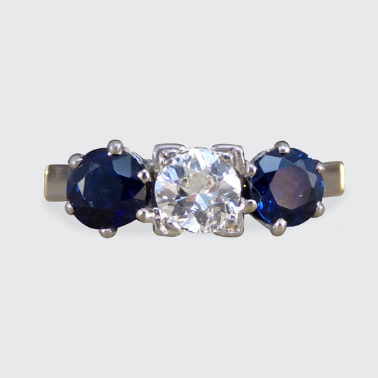 Vintage Sapphire and Diamond Three Stone Ring in 18ct Yellow Gold