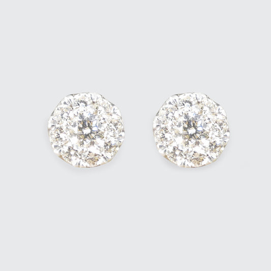 Dazzling diamond illusion cluster earrings in white gold, designed to appear as a single larger stone with intricate brilliance.