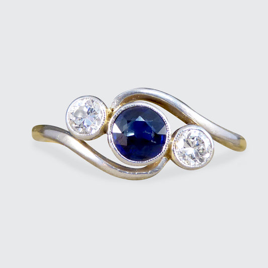 Edwardian Sapphire & Diamond Three Stone Crossover Ring in 18ct Gold and Platinum