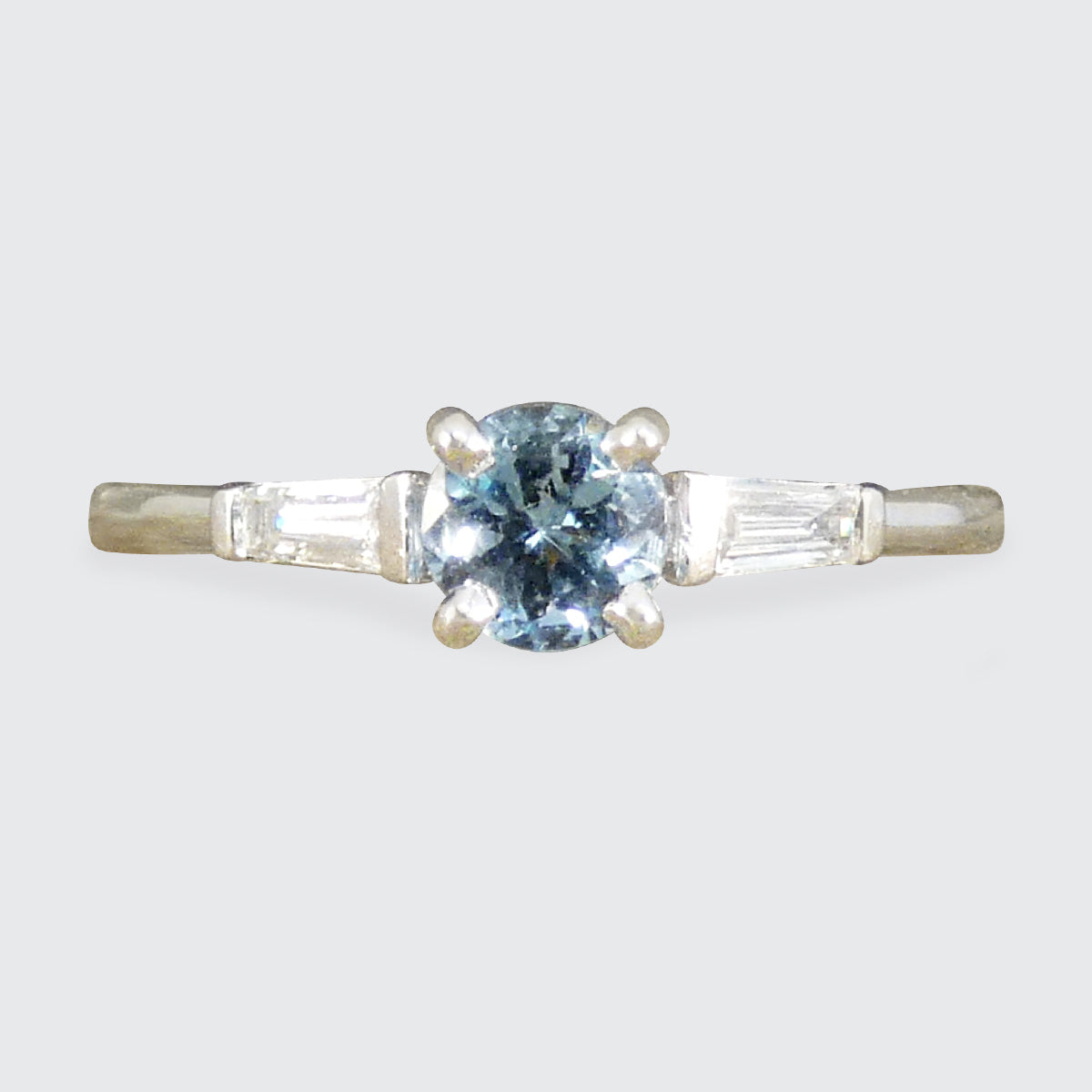 Aquamarine Solitaire with Tapered Baguette Diamond Shoulders in 18ct White Gold