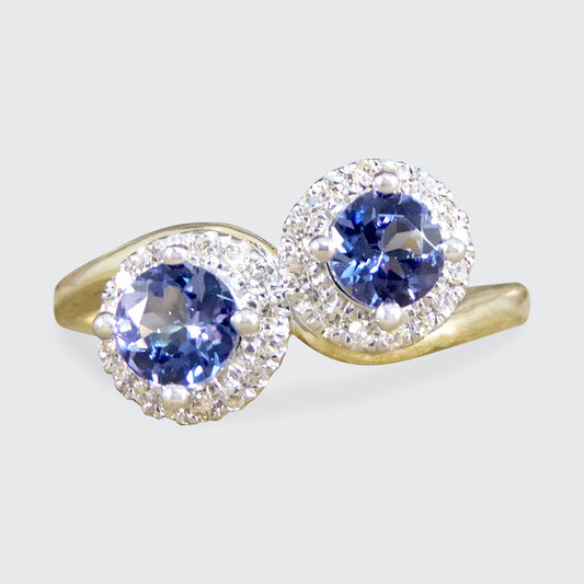 Edwardian Style Tanzanite and Diamond Cluster Toi Et Moi Twist Ring in Yellow and White Gold