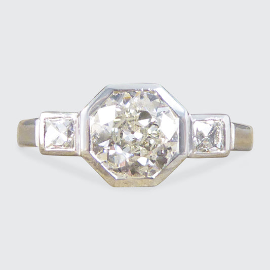 Old European and French Cut Diamond Octagon Design Three Stone Ring in Platinum