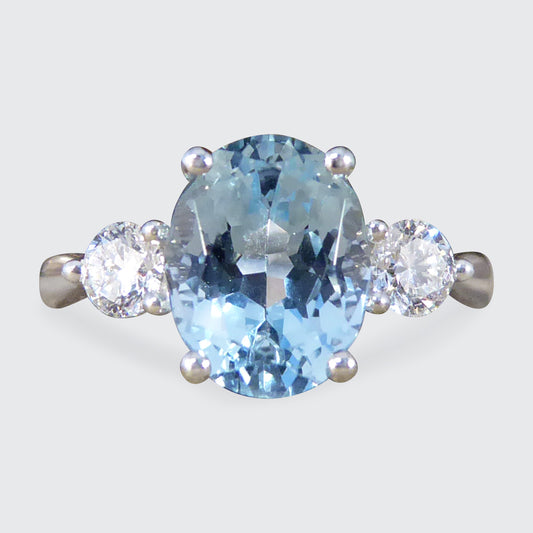 Classic 1.93ct Oval Cut Aquamarine and Diamond Three Stone Ring in Platinum