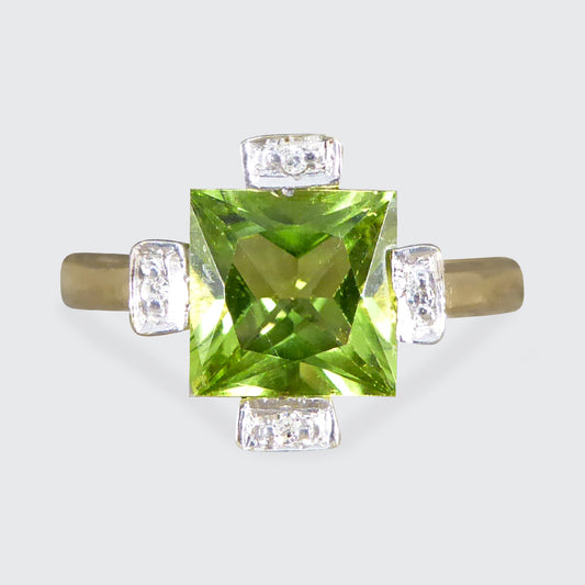 Vintage Peridot and Diamond Geometric Ring in Yellow Gold