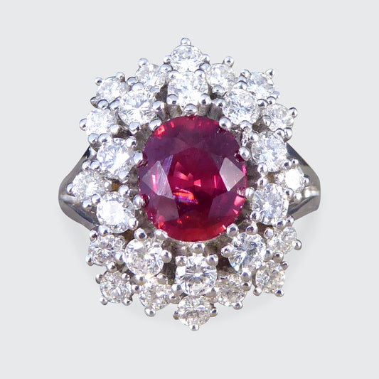 Contemporary 1.80ct No Heat Ruby and 1.28ct Diamond Double Cluster Ring in 18ct White Gold