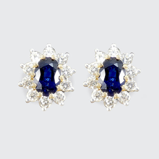 Classic Sapphire and Diamond cluster stud earrings in 18ct Yellow and White Gold.