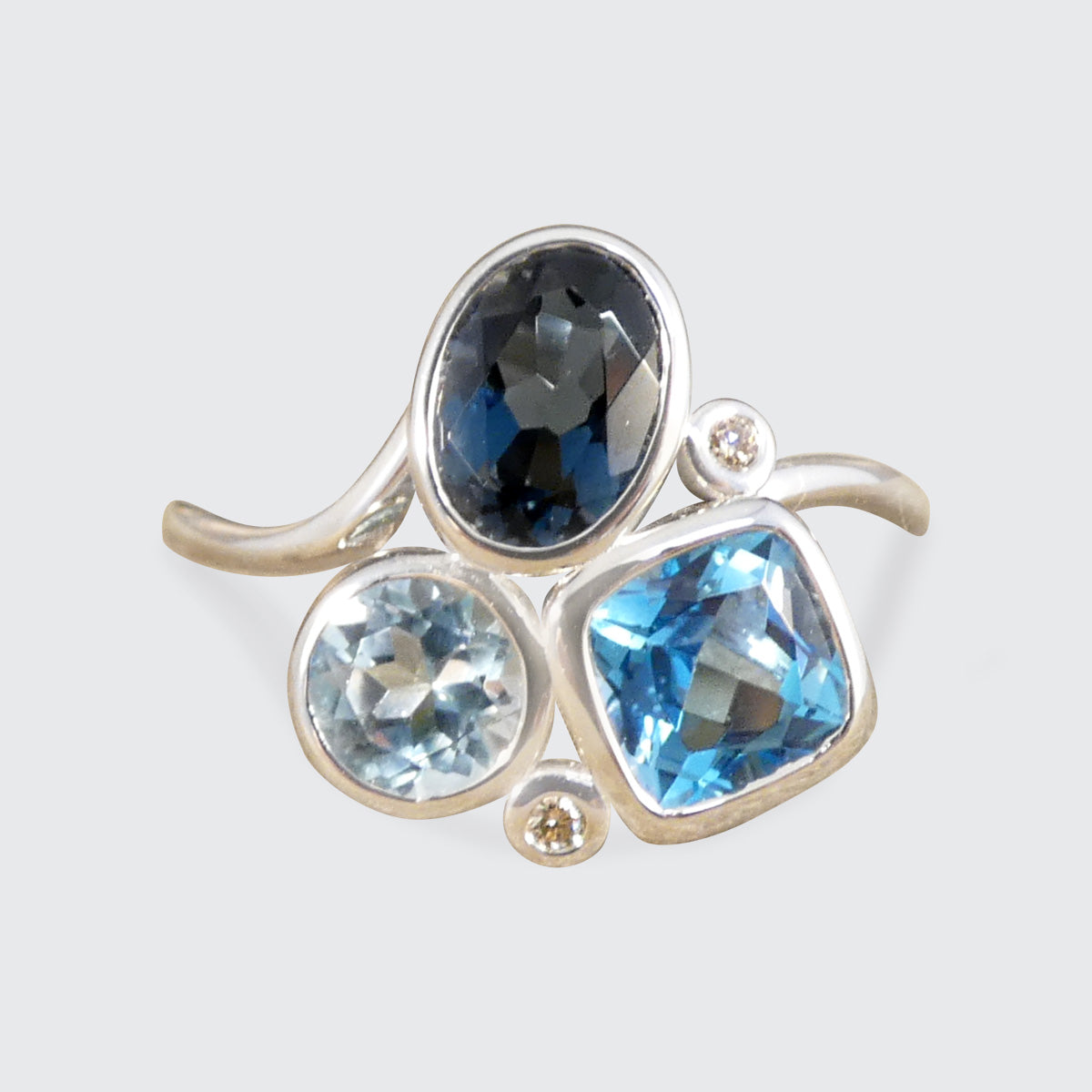 Trio of Blue Topaz and Diamond Cocktail Ring in White Gold