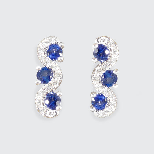 Ceylon Sapphire and Diamond Three Stone Lazy River Earrings in Platinum