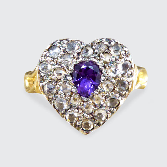 Early Victorian Style Amethyst and Rose Cut Diamond Heart Ring in 18ct Gold