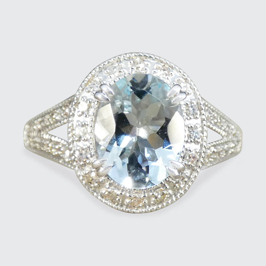 Aquamarine and Diamond Cluster Ring with Diamond Split Shoulder in White Gold