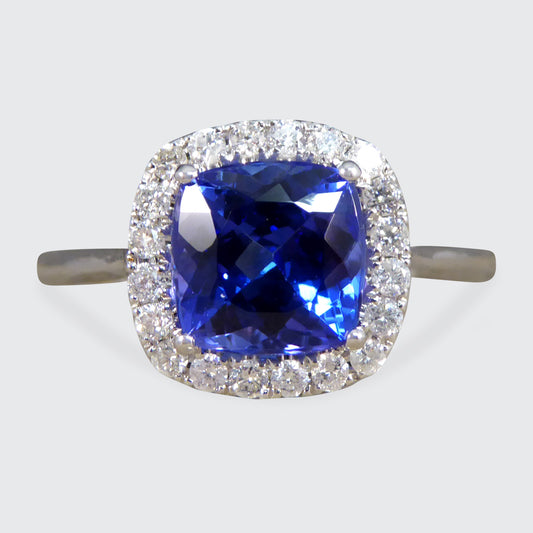 Cushion Cut Tanzanite and Diamond Cluster Ring in White Gold