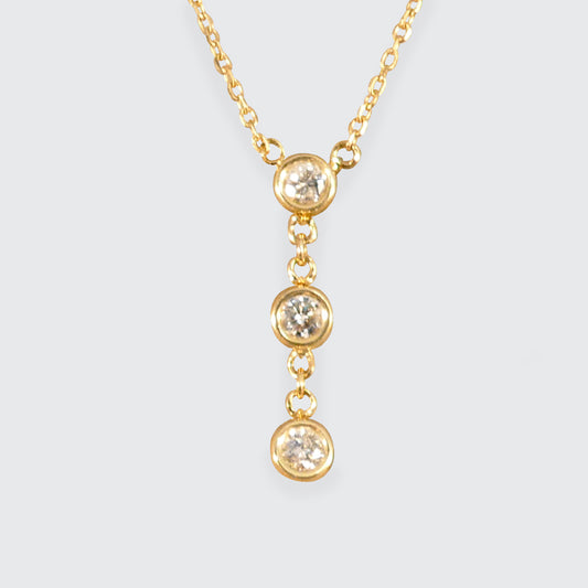 Dainty and Stackable Diamond Three Stone Drop Necklace in Yellow Gold