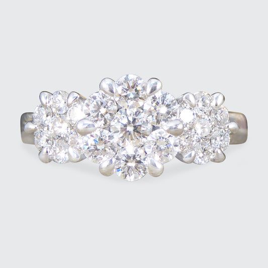 Diamond Triple Daisy Cluster Illusion Three Stone Ring in Platinum