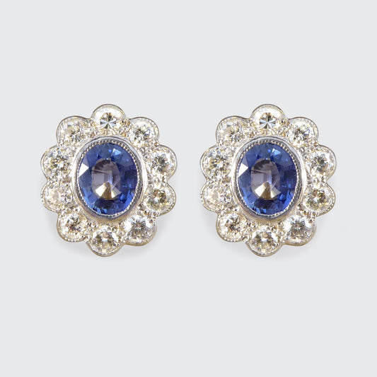 Edwardian Inspired Sapphire and Diamond Cluster Earrings in 18ct Gold