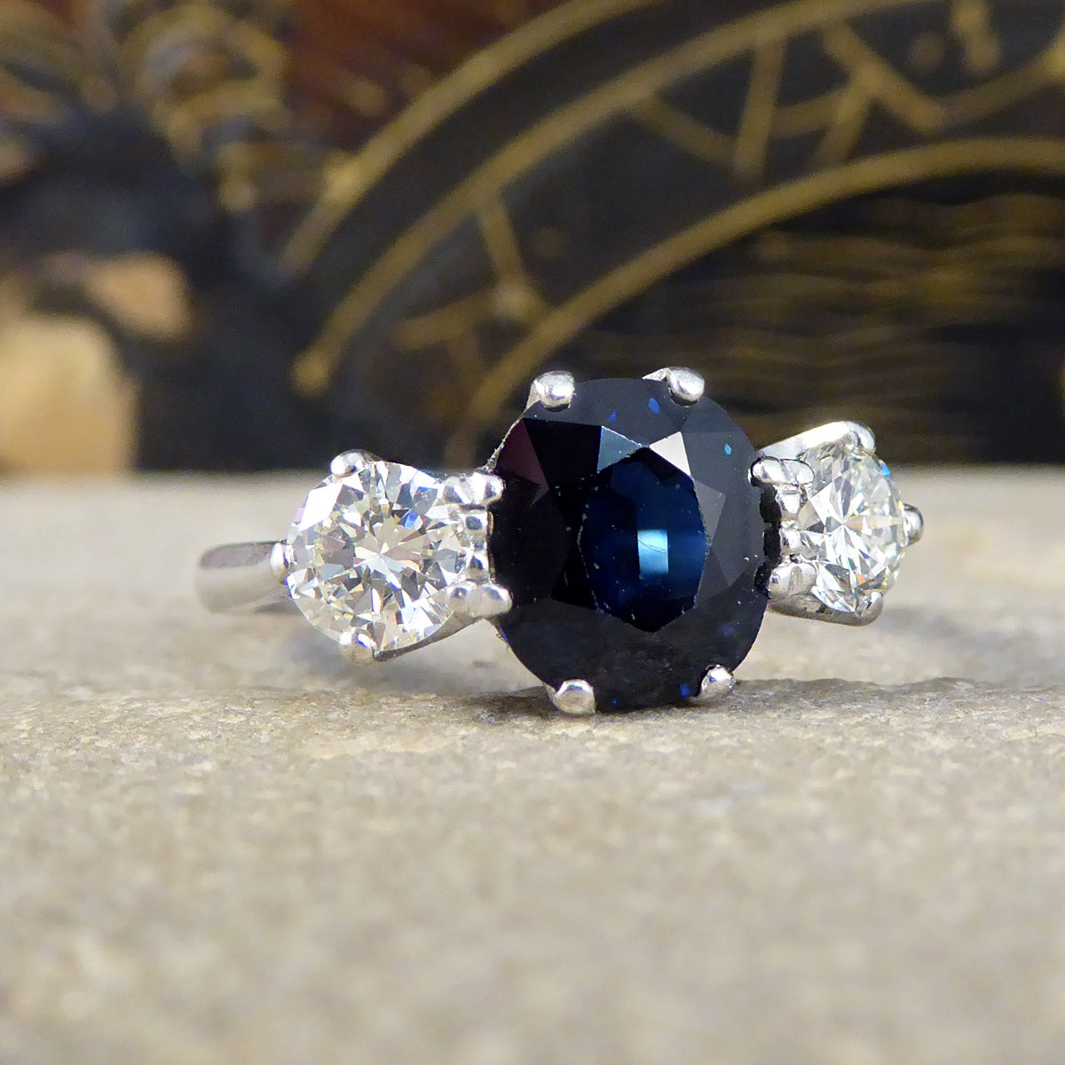 C1920s Deep Sapphire and Diamond Trilogy Ring in 18ct White Gold and Platinum