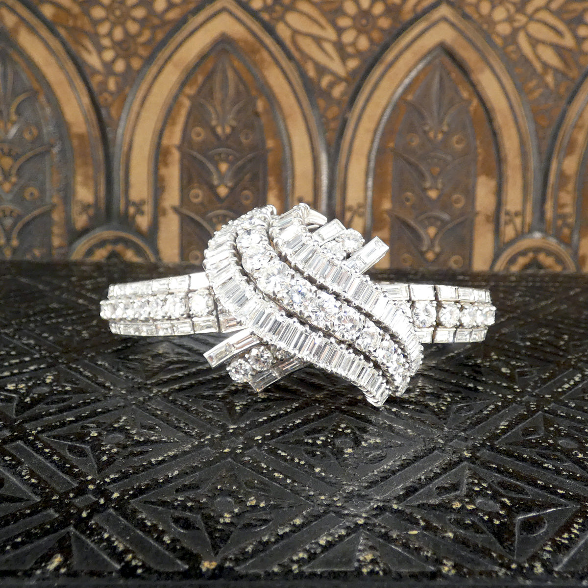 Elegant 1950's French diamond bracelet featuring approximately 30 carats of dazzling diamonds in a luxurious platinum setting, showcasing a sophisticated and timeless design.