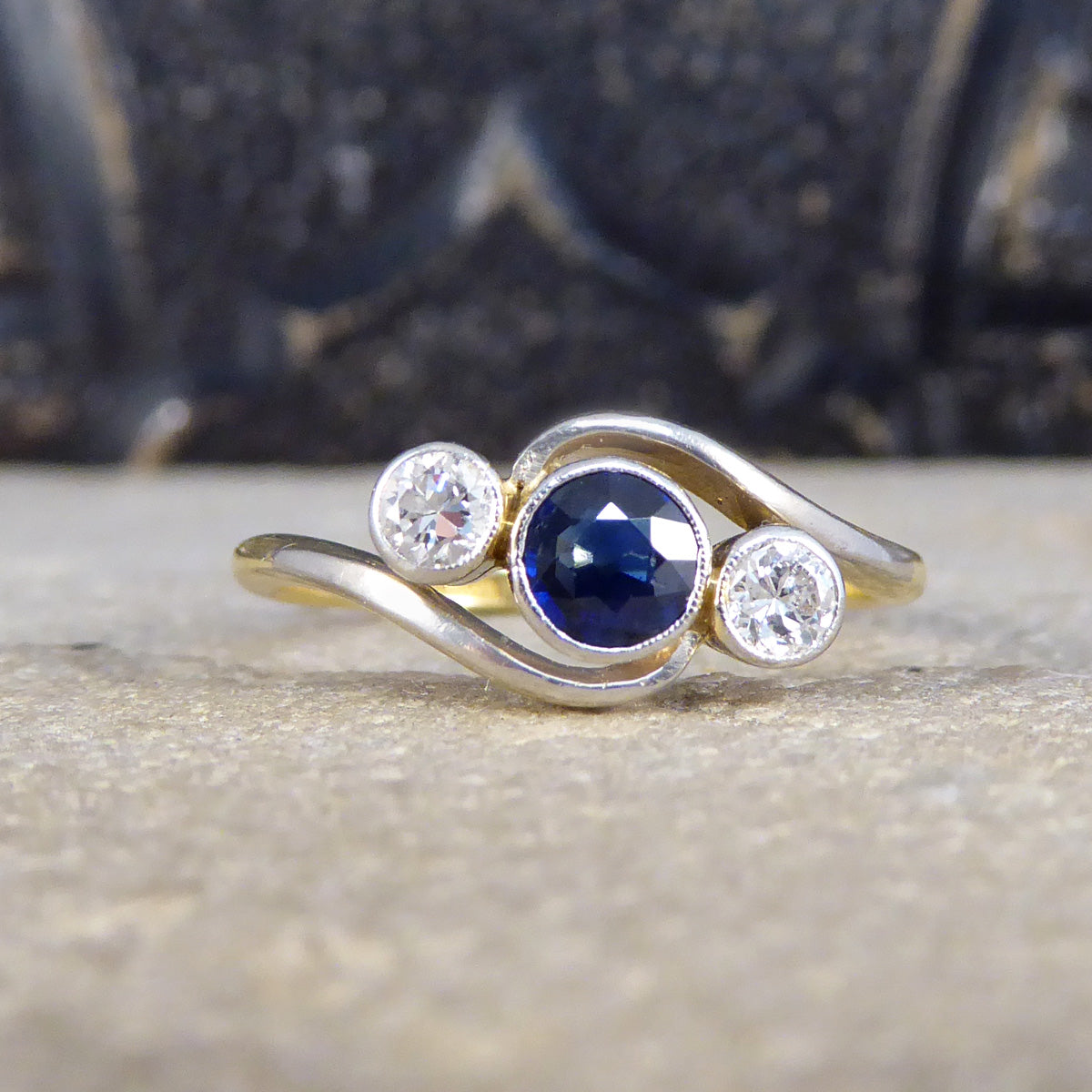 Edwardian Sapphire & Diamond Three Stone Crossover Ring in 18ct Gold and Platinum