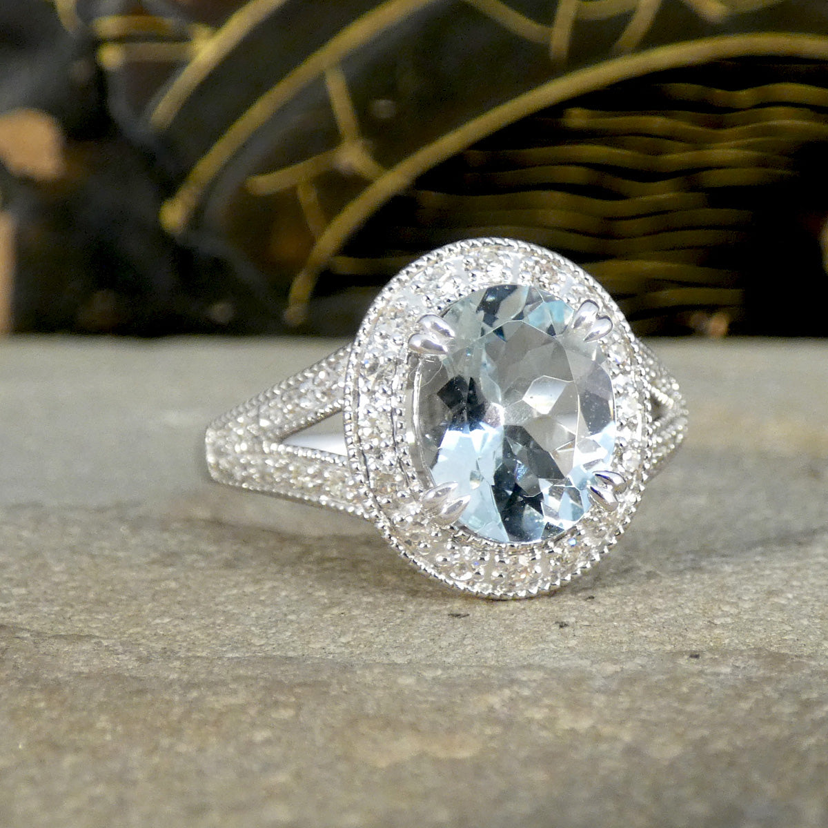 Aquamarine and Diamond Cluster Ring with Diamond Split Shoulder in White Gold