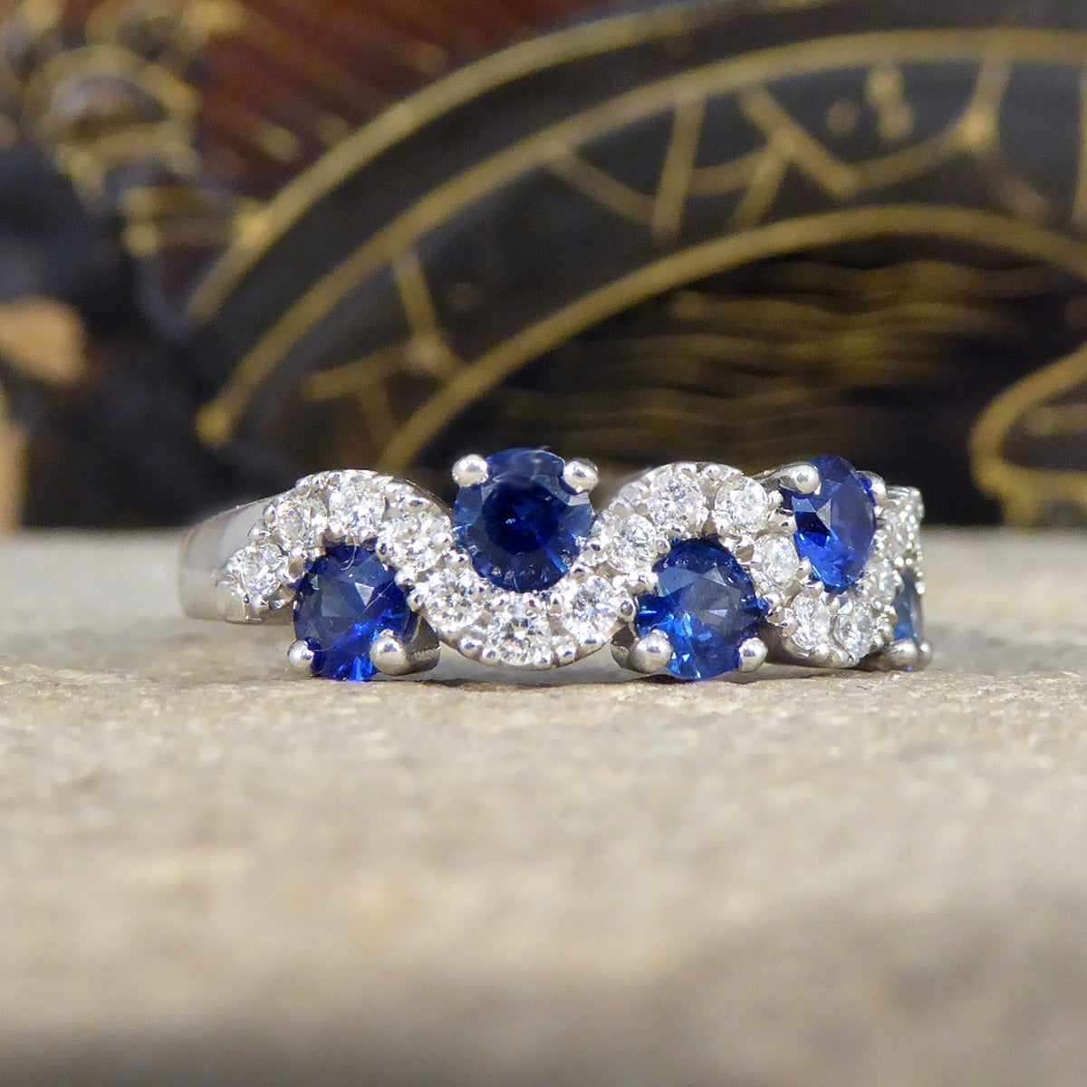 Ceylon Sapphire and Diamond Lazy River Ring in Platinum