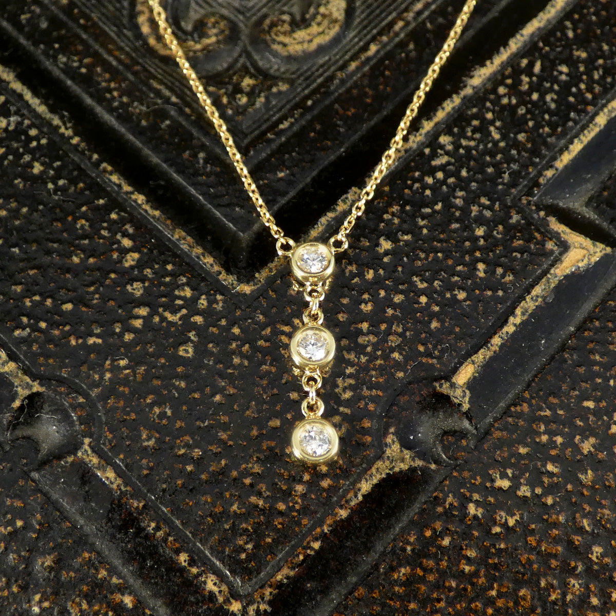 Dainty and Stackable Diamond Three Stone Drop Necklace in Yellow Gold