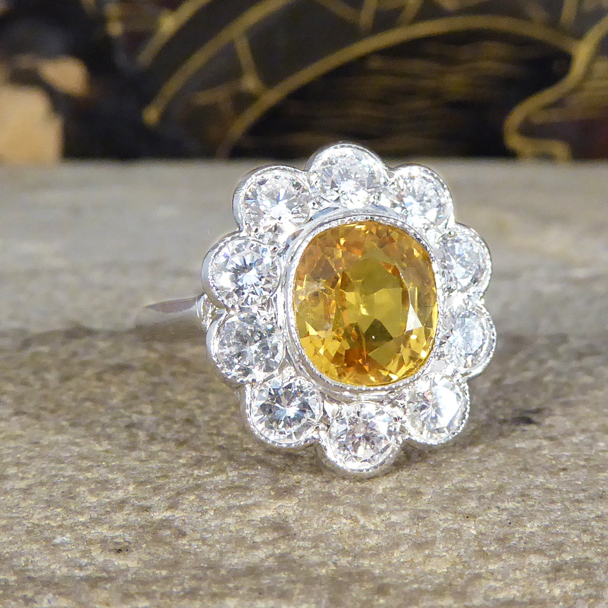 Bright and Rich 2.90ct Cushioned Oval Yellow Sapphire and 1.30ct Diamond Cluster Ring in Platinum